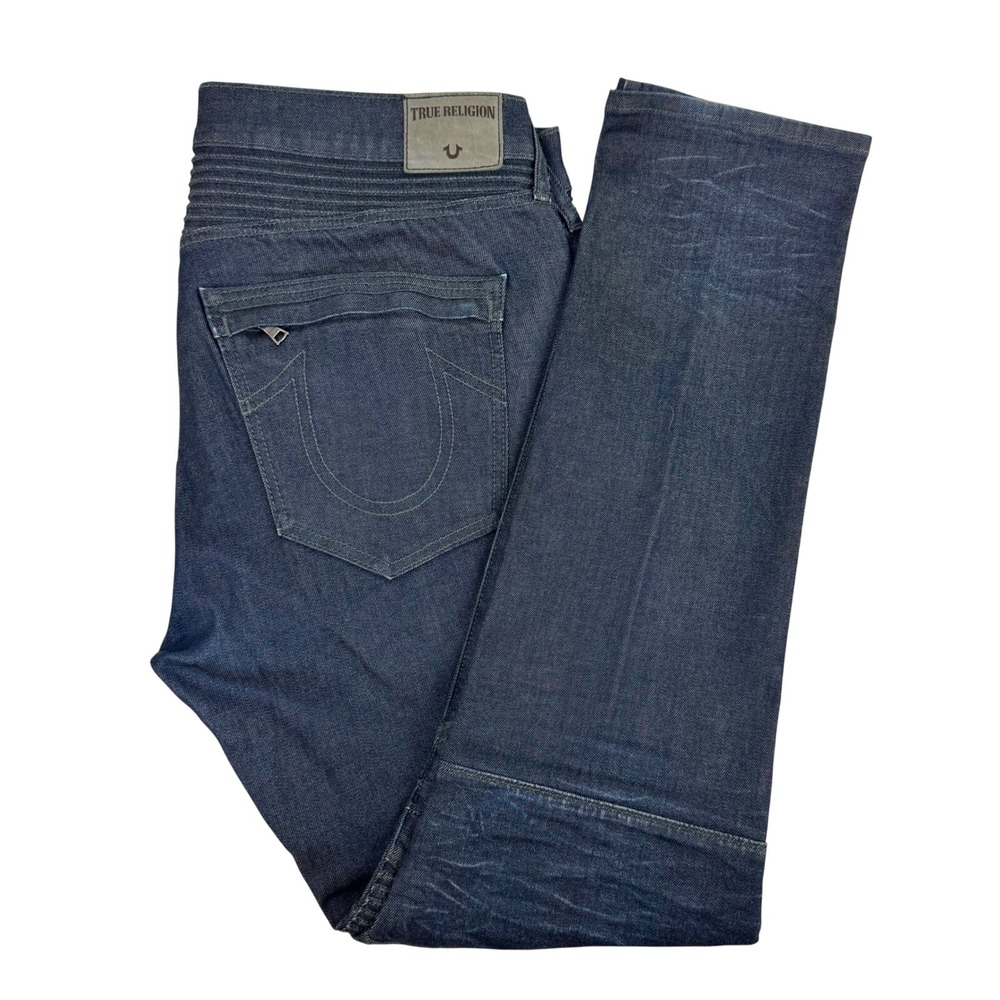 True Religion Rocco Relaxed Skinny‎ Jeans Mens 40 Dark Indigo Moto Ribbed Denim